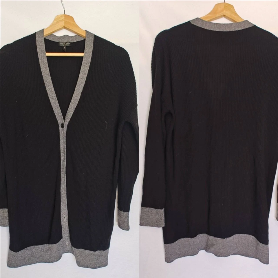 Cárdigan Rag & Bone Acanalado Cuello en V Negro Gris Ribete Pequeño Lana Merino Relajado Foto 1 de 4