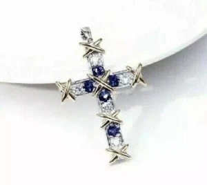 Cross Women's Pendant Lab Created Sapphire 14K White Gold Plated 2Ct Round - Picture 1 of 4