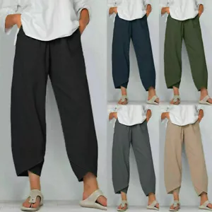 UK Summer Womens Ladies Cotton Linen Baggy Casual Harem Pants Trousers Plus Size - Picture 1 of 7