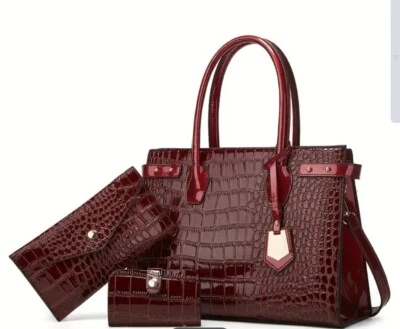 Dark Red 3 Piece Faux Leather Handbag Set Crocodile Embossed Patent With Strap - Image 1 of 4