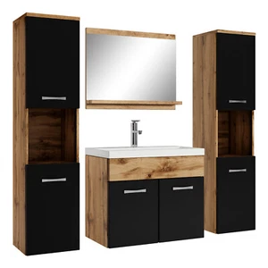 Badezimmer Badmöbel-Set Montreal XL 60cm Waschbecken Eiche mit mat Schwarz - Unt - Bild 1 von 6