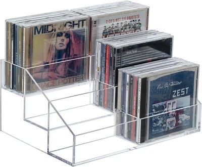 Estante de almacenamiento de CD en cascada de acrílico transparente de 3 niveles, soporte de exhibición organizador de medios Foto 1 de 4