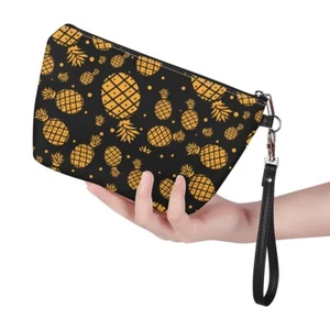 Yellow Striped Pineapple Black Portable Large Travel PU Leather Makeup Pouch - Picture 1 of 6