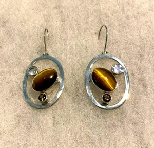 Sajen Oval Tiger Eye Drop Earrings  Approx. 1 3/4 In. Long - 9.2 Grams - Picture 1 of 10