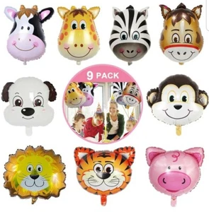 9 Pcs Animal Balloons, Tiger Cow Monkey Giraffe Zebra Pig Lion Donkey Dog... - Picture 1 of 7