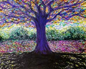 Shady Tree Original 11x14 Pen and Marker Drawing Colorful Landscape Not Van Gogh - Picture 1 of 4
