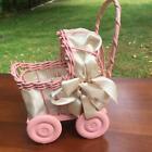 Vintage Wooden 10" Pink Baby Doll Buggy Carriage Thick Wood Wheels Bows Bedding