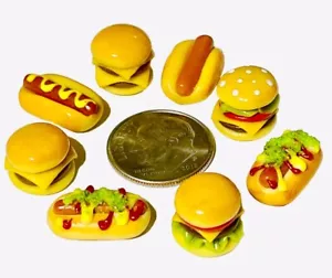 Barbi Dollhouse Miniature Food Mini Cheese Hamburgers Hotdogs BBQ Lot 👻🧲 8pc - Picture 1 of 12