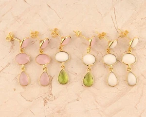 Pink Chalcedony White Agate Gold Plated For Her Stud Dangle Earrings Lot 3 Pairs - Picture 1 of 3