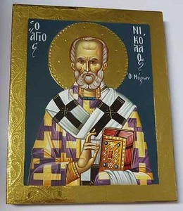 St. Nikolaus IKONE handgemalt 24K Gold Icon Saint Nicolas Nick Νικόλαος Icone - Picture 1 of 5