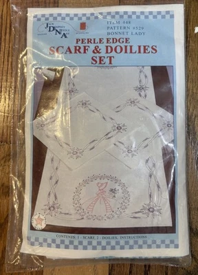 Jack Dempsey Needle Art Stamped Perle Edge Scarf & Doilies Set-Bonnet Lady #529 - Image 1 of 2