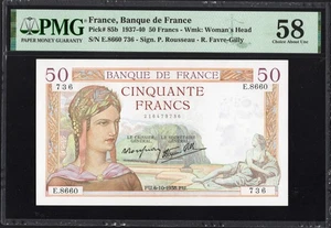 France 50 Francs P85b 1937-40 PMG58 Choice aUNC Banknote APPEARS UNCIRCULATED - Picture 1 of 2
