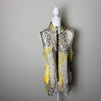 Damee Jacket Vest Women Medium Gray Yellow Animal Print Sheer Sequin Art to Wear - Image 1 of 4