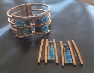 Renoir Matisse Kupfer Blau Emaille Klemme Armband Emaille Verlust & Ohrringe Set   - Bild 1 von 6