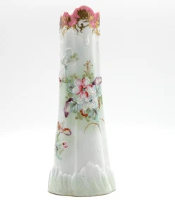 Vtg Porcelain Pink Floral Cylinder Vase 7.5" Embossed Hand Painted Ruffled Top - Picture 1 of 21