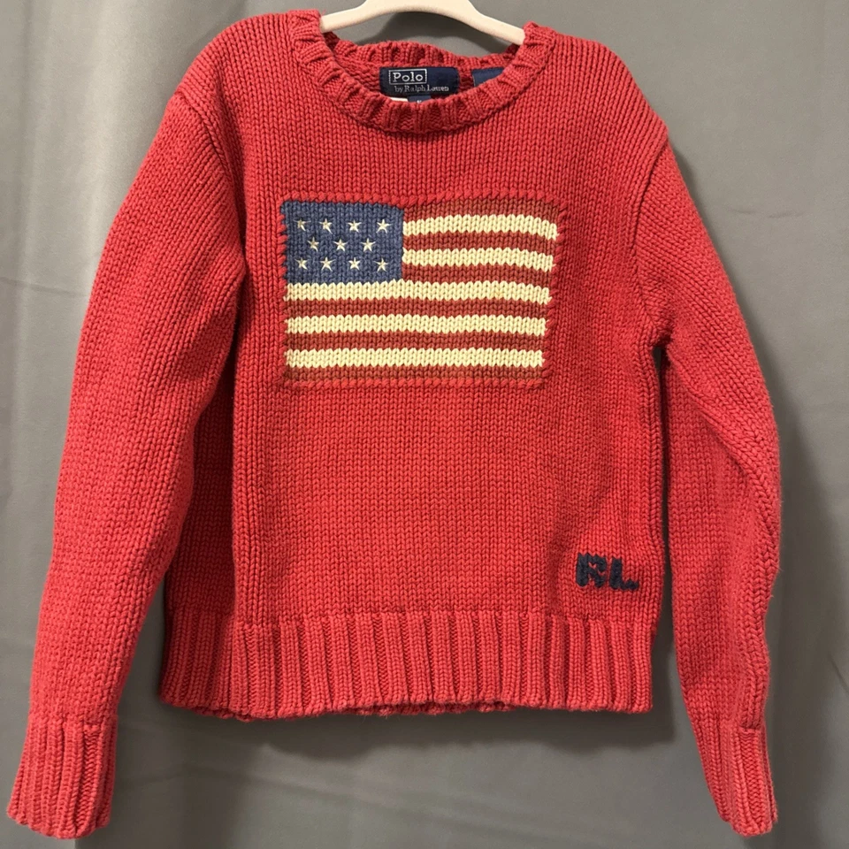 Ralph Lauren Polo Kids Sweater Red With American Flag Size 5 100% Cotton - Image 1 of 4