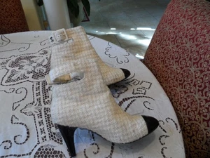 Chanel Ivory/Black Wool Tweed-Patent Leather Ankle Boots w/Buckle-Logo Size 39.5 - Picture 1 of 24