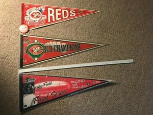 3 Vintage 1990 & 2002 CINCINNATI REDS Pennants approx 30" x 12" each - Picture 1 of 9