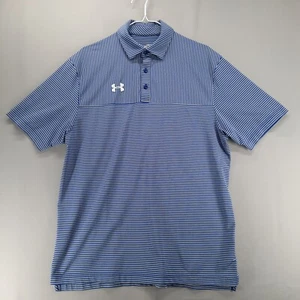 Under Armour Polo Shirt Mens M Loose Fit Blue Gray Stripe Heatgear Short Sleeve - Picture 1 of 8