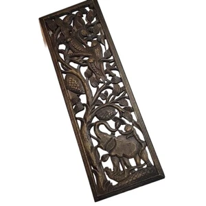 Tropical Wood Wall Art Carved Wood Tiki Decor Panel Elephant Trunk Up Parrots - Picture 1 of 7