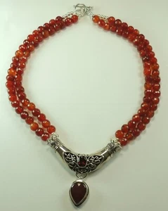 Statement 2 Strang Karneol Halskette Granat Anhänger Sterling Silber Schmuck - Bild 1 von 1
