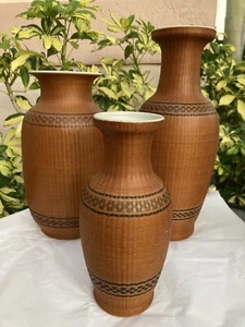 Vintage 3 Chinese Porcelain Vase Covered In Woven Bamboo People’s Republic China - Picture 1 of 8