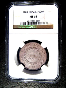 1864 Brazil 1000 Reis, NGC MS 62, Finest Graded @ NGC, 080 - Picture 1 of 3