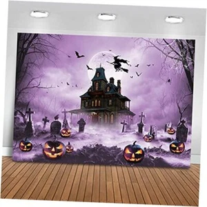 Halloween Photography Backdrop Scary Night Graveyard Full Moon 7x5ft Purple - Picture 1 of 7