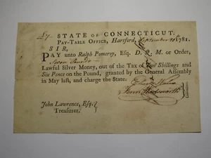 1781 Connecticut Pay Table Office Colonial Currency Note Bill! Wadsworth/Wales - Picture 1 of 2