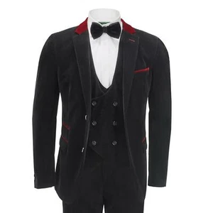 Mens Black Velvet 3 Piece Suit Tailored Wedding Grooms Jacket Waistcoat Trousers - Picture 1 of 8