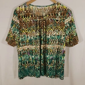 TanJay Petites Women's PL Multicolored Tribal Aztec Short Sleeve Top Teal Brown - Picture 1 of 8