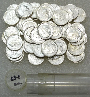 1963 Roosevelt Silver Dime Original Frosty UNPICKED Gem BU roll 50 coins #Q246E - Image 1 of 2