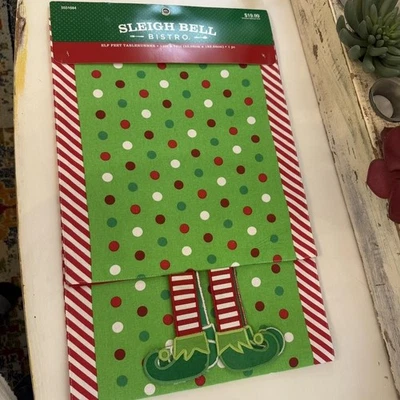 Sleigh Bell Bistro Elf Feet Table Runner 13x72 Christmas Polka Dot Stripe Green - Image 1 of 3