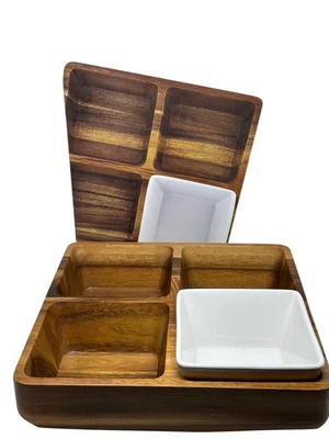 NIB The Cellar Divided Server – Wood Tray with White Removable Ceramic Bowl - Image 1 of 4