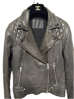 Chaqueta de motociclista de cuero AllSaints para mujer 4 grises conroy acolchados hombros moto cremallera Foto 1 de 4