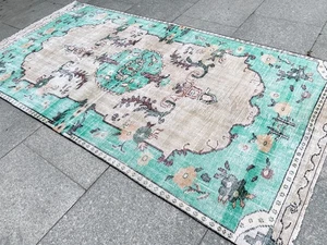 EINZIGARTIGER GRÜN BEIGE VINTAGE TÜRKISCHER, ART DECO OUSHAK TRIBAL HANDGEFERTIGTER WOLLTEPPICH - Bild 1 von 12