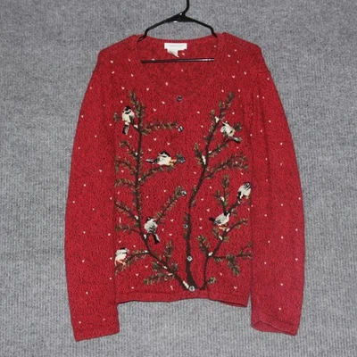 Cárdigan suéter Coldwater Creek para mujer XL rojo pájaro árbol bordado Foto 1 de 4