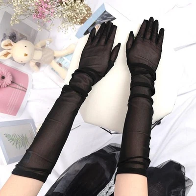 1 par de guantes negros sexy de encaje fino transparente largos sobre el codo elásticos sin costuras Foto 1 de 4