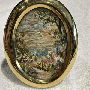Vintage Miniature Hand Embroidered Framed Picture ~in Brass Oval Frame - Picture 1 of 7