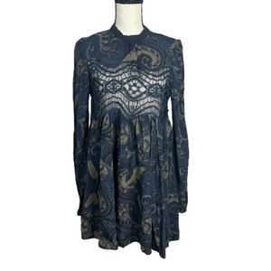 Free People transparente Spitze Boho Tunika Top blau Langarm kleiner offener Rücken - Bild 1 von 11