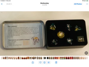 RPG Dice Set 7-Piece Resin Gold Foil Polyhedral w/Metal Storage & Tin D&D - Picture 1 of 2