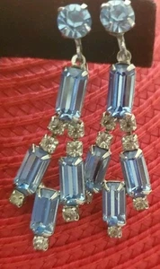 Vntg Blue Rhinestone Baguette Earrings 2" Dangle Screw Back Silver Tone.   08 - Picture 1 of 5