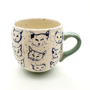 Anthropologie Leah Keena Goren Cat Study Coffee Tea Mug Teal Blue