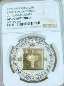 1991 ANDORRA SILVER & GOLD 25 DINERS EPISCOPAL CO PRINCE NGC MS 70 ANTIQUED  - Picture 1 of 5