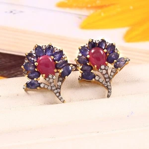 Natural Ruby, Blue Sapphire Gemstone Studs Pave Diamond 925 Silver Woman Earring - Picture 1 of 3