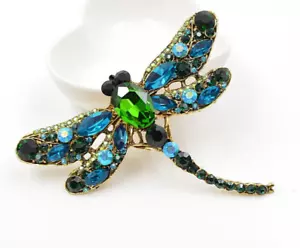 Crystal Rhinestone Blue and Green Dragonfly Brooch Pin Mom Birthday LARGE! C-3 - Picture 1 of 4