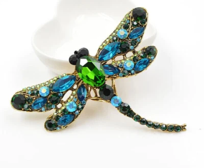 Broche prendedor libélula azul y verde estrás cristal cumpleaños mamá ¡GRANDE! C-3 Foto 1 de 4