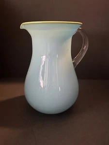 Vintage MCM Art Glass Pitcher Pale Blue Opaline Blue with Green Rim - Picture 1 of 7