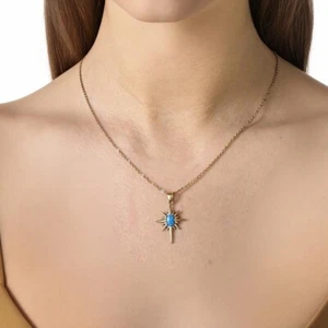 Elegant Gold Starburst Pendant Necklace with Blue Opal Gemstone Womens Jewellery - Picture 1 of 4
