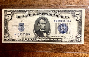 1934-D $5.00 **STAR** Note Blue Seal, Very Nice Bill !!! - Picture 1 of 2